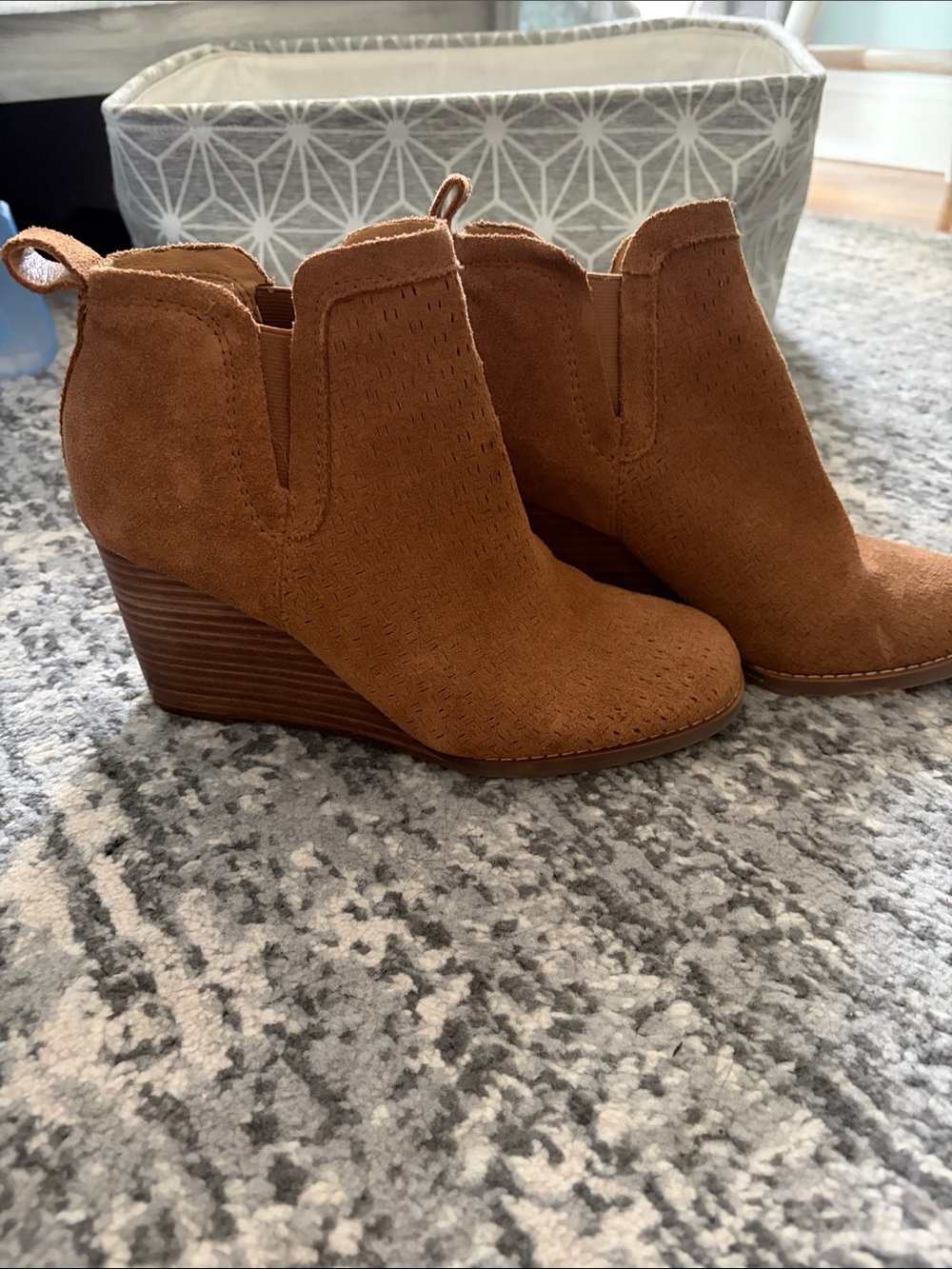 Crown Vintage Tan Suede Perforated Wedge Booties